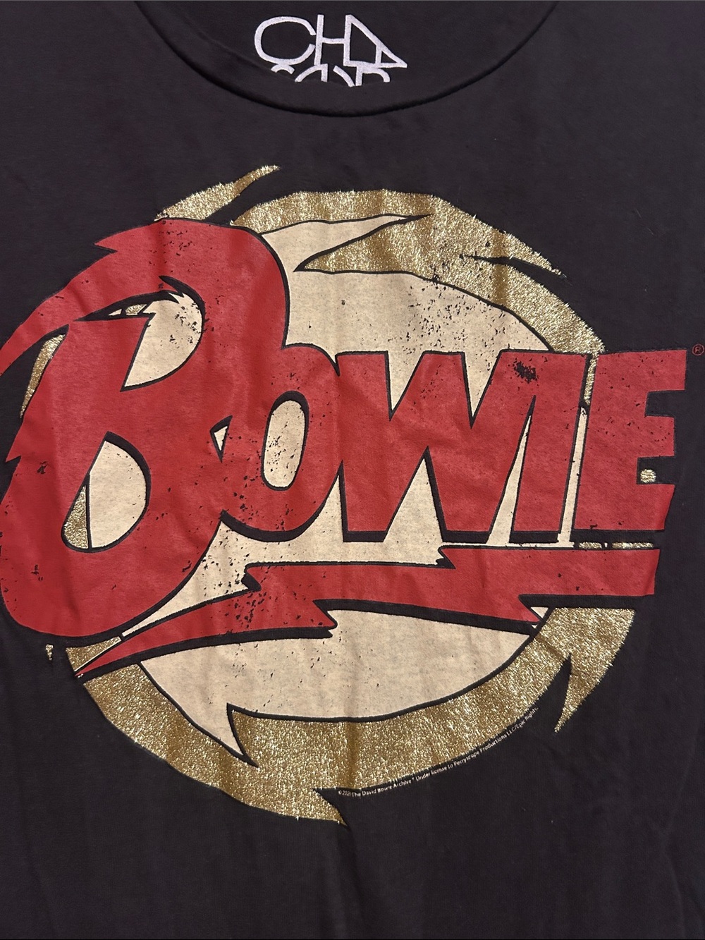 Bowie Logo Graphic Tee by Chaser - Black with Red & Gold Glitter Size Small - Picture 2 of 5